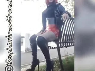 Busty Redhead Sissy Walks Around In Leather Platform Thigh High Boots And Red Miniskirt free video